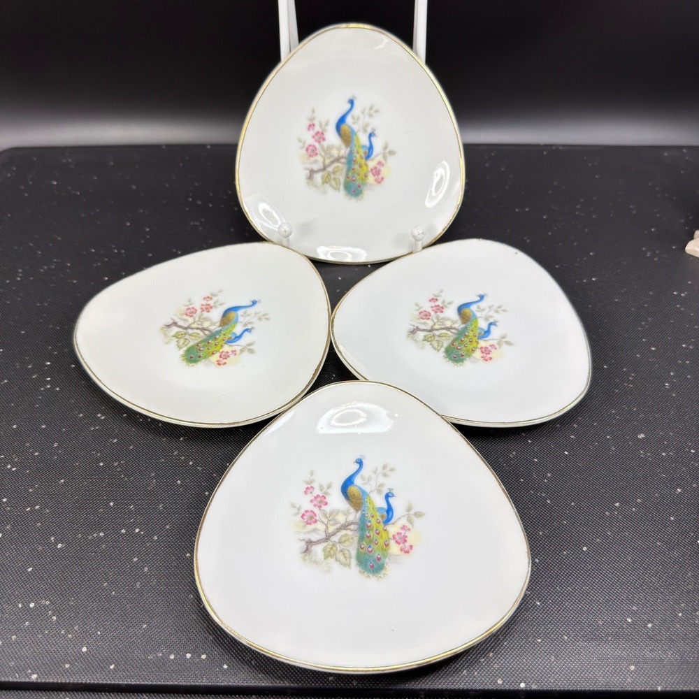 Cerpac Peru Peacock Porcelain Plate Dish Set 4 Triangular Gold Rim Butter Pat - Picture 9 of 10